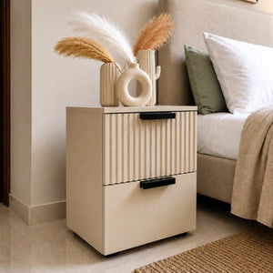 Premium Solid Wood bedside table featuring fluted drawer fronts and spacious storage in a modern bedroom.