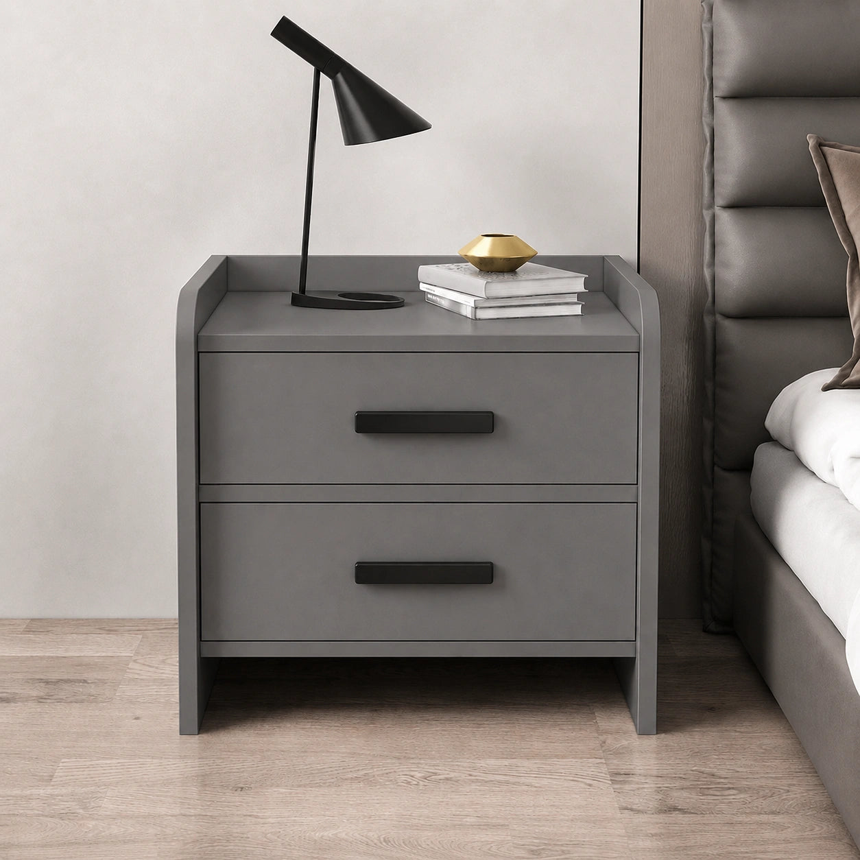 Front view of a solid wood bedside table with 2 spacious drawers, designed for bedroom storage with a clean modern appearance.