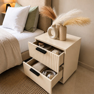 Solid Wood bedside table with open storage drawers showcasing bedroom organization and storage capacity.
