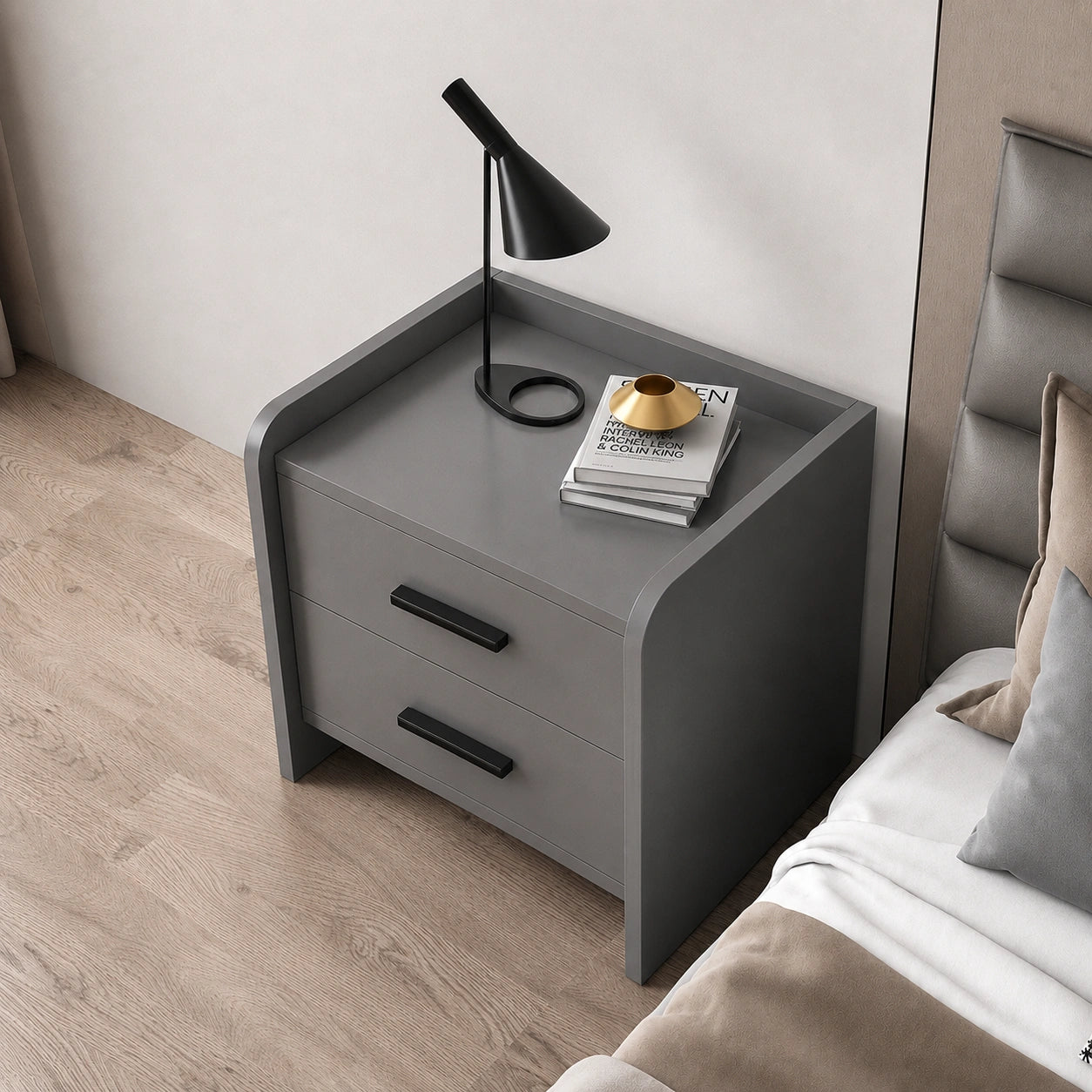 Top angle view of a solid wood bedside table with 2 drawers, showcasing its spacious tabletop, modern design, and bedroom storage functionality.