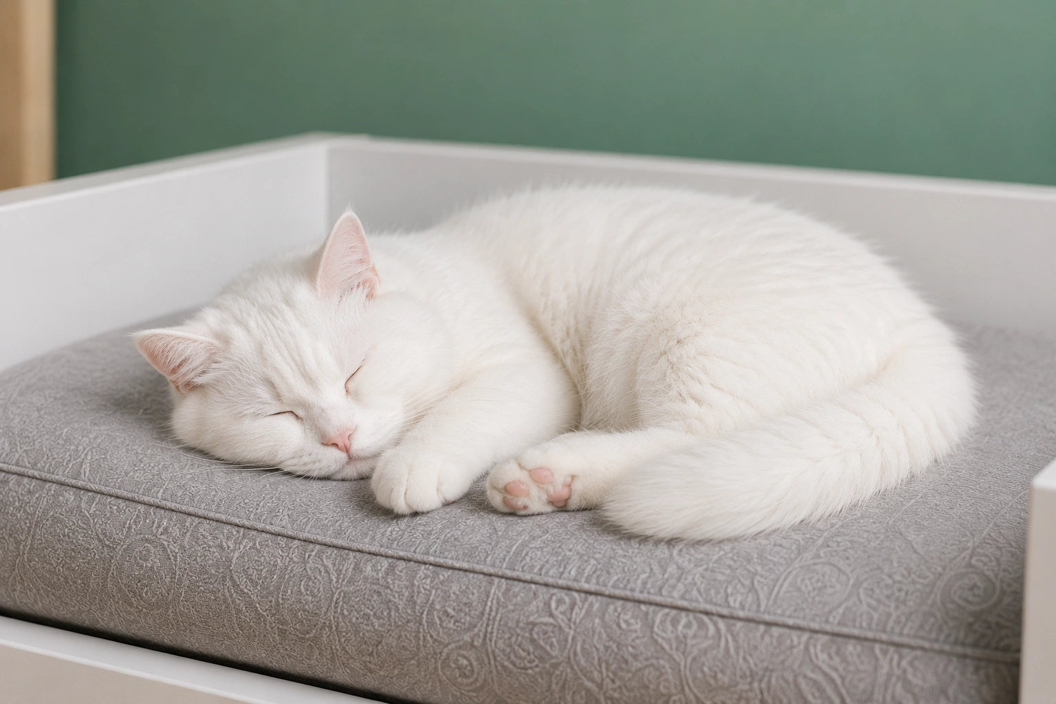 White Cat Sleeping Comfortably on a Solid Wood Cat Bed with Soft Cushion