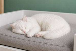 White Cat Sleeping Comfortably on a Solid Wood Cat Bed with Soft Cushion