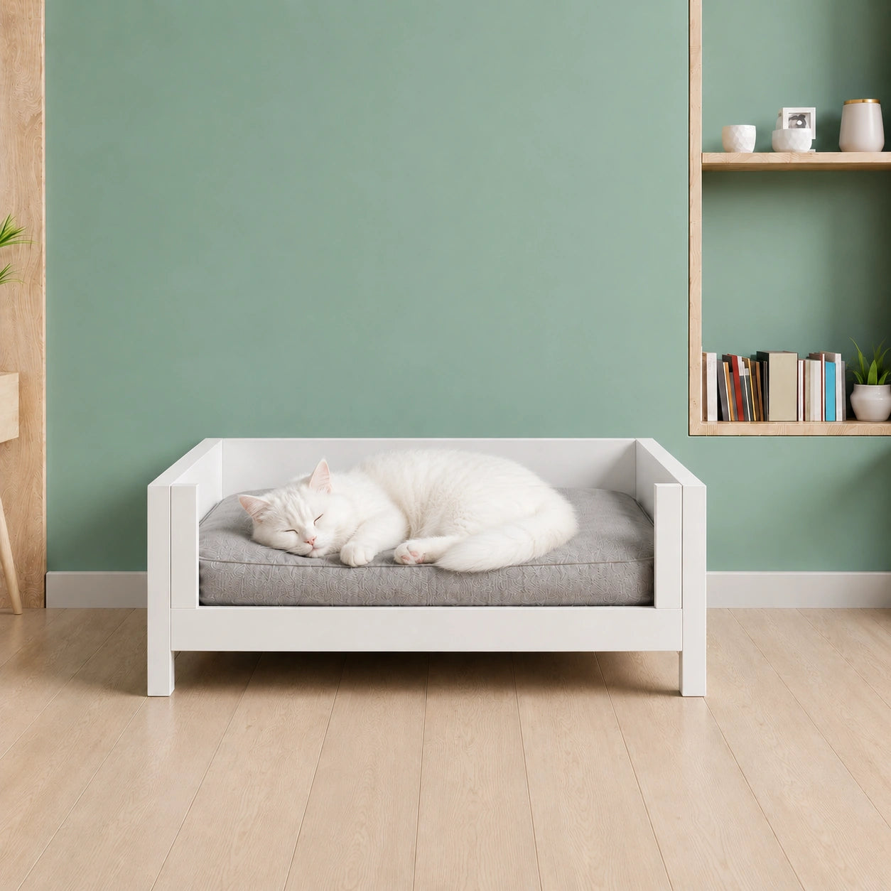 Premium Solid Wood Cat Bed with Cushion for Indoor Cats Front View