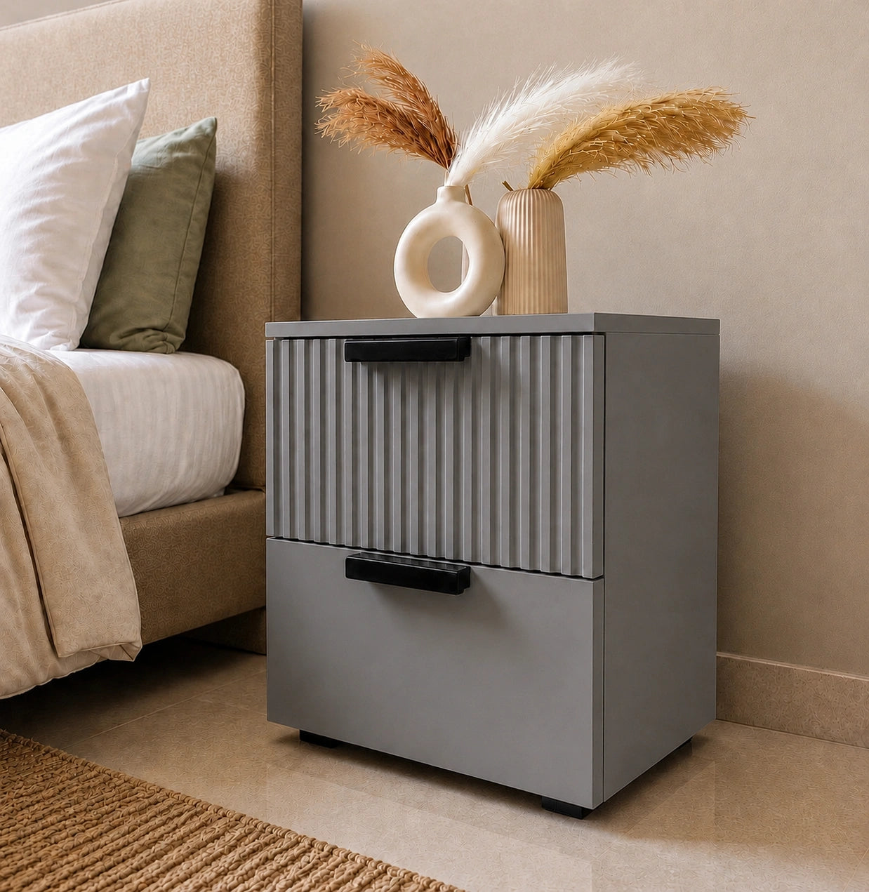 Modern Grey Solid Wood bedside table with two storage drawers and decorative vase styling in a contemporary bedroom.