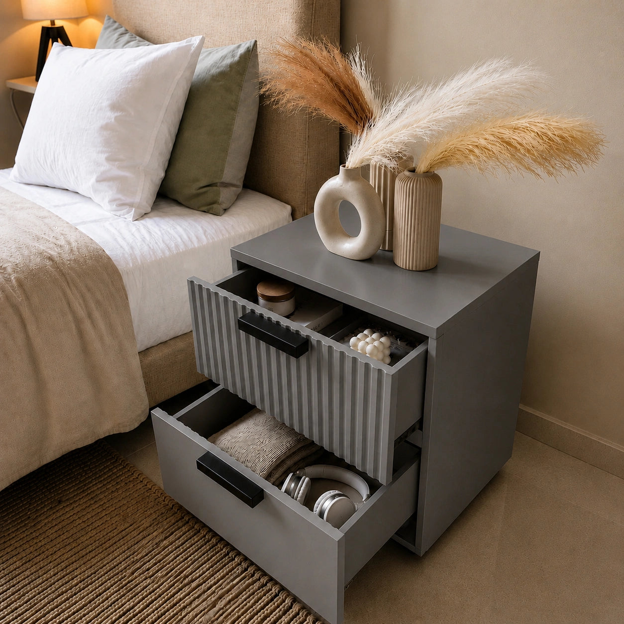 Grey Solid Wood bedside table with open drawers showcasing storage space for bedroom essentials and accessories.