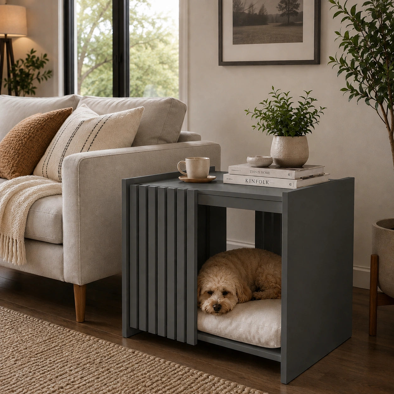 Solid wood pet house side table beside sofa with sleeping dog and modern living room decor