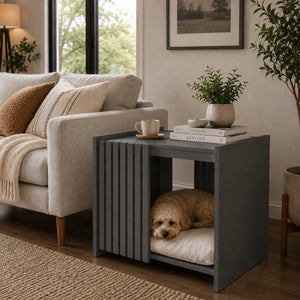 Solid wood pet house side table beside sofa with sleeping dog and modern living room decor
