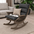 Solid wood rocking chair with dark grey cushion and pillow