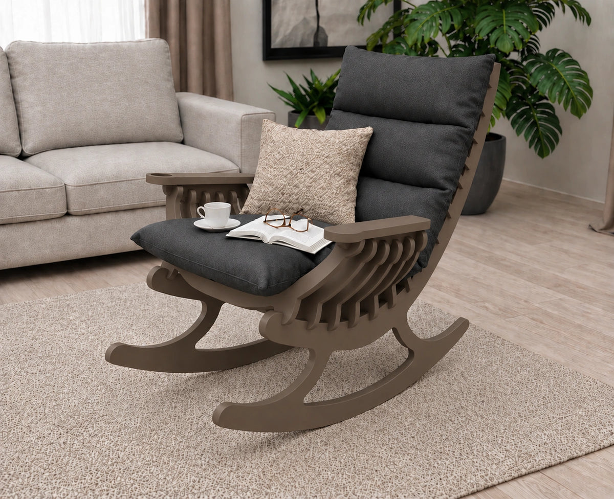 Solid wood rocking chair with dark grey cushion and pillow