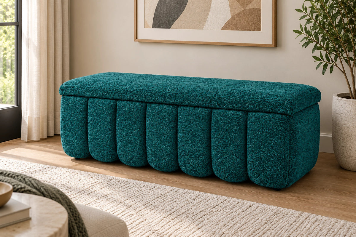 Teal channel tufted storage ottoman bench in living room