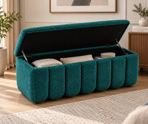 Teal upholstered storage ottoman bench with open storage compartment