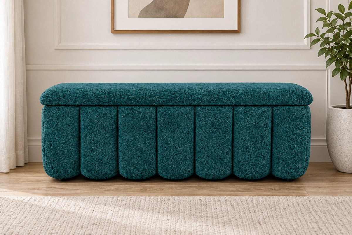 Teal vertical channel tufted storage ottoman bench