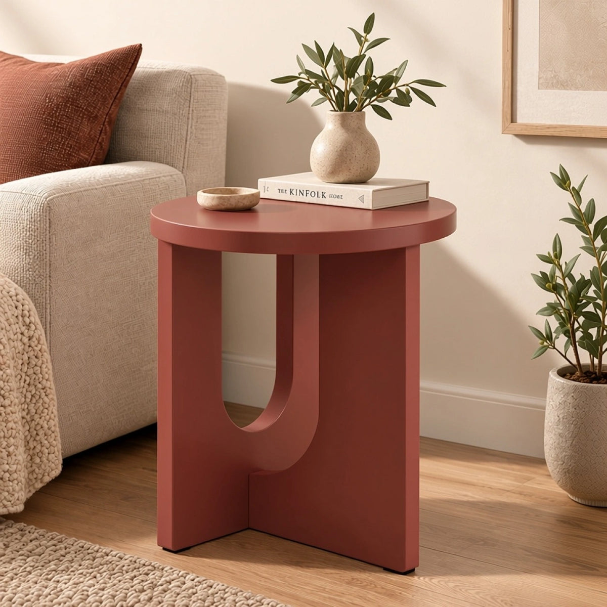 Terracotta round end table styled beside a modern sofa