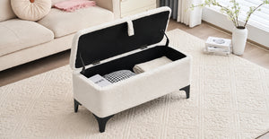 White storage ottoman bench with open hidden compartment for blankets and accessories