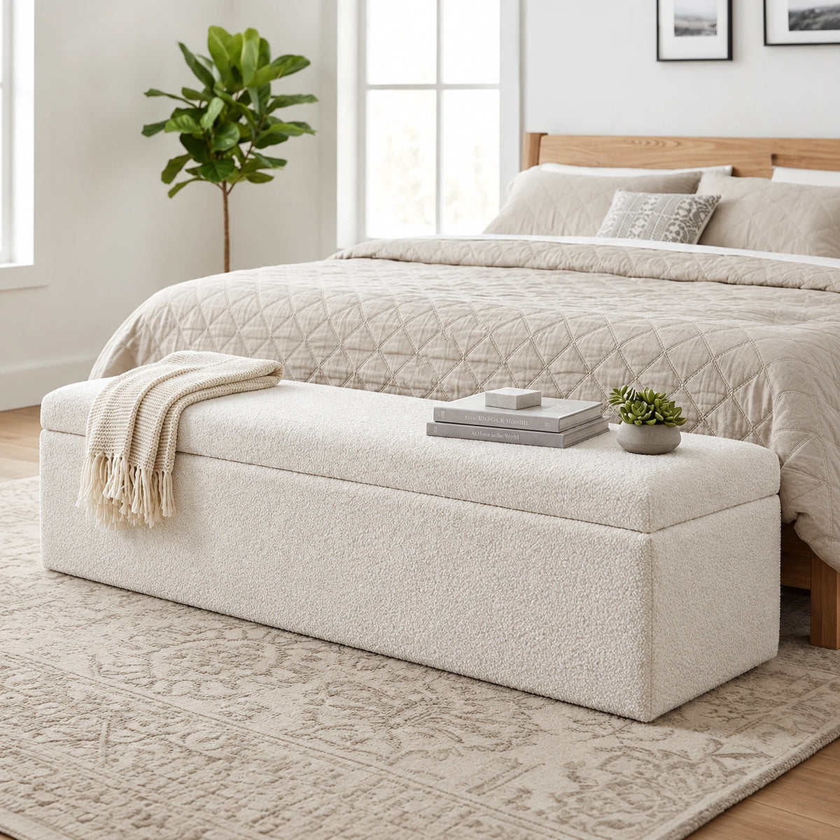 White upholstered storage ottoman bench at the foot of a bed