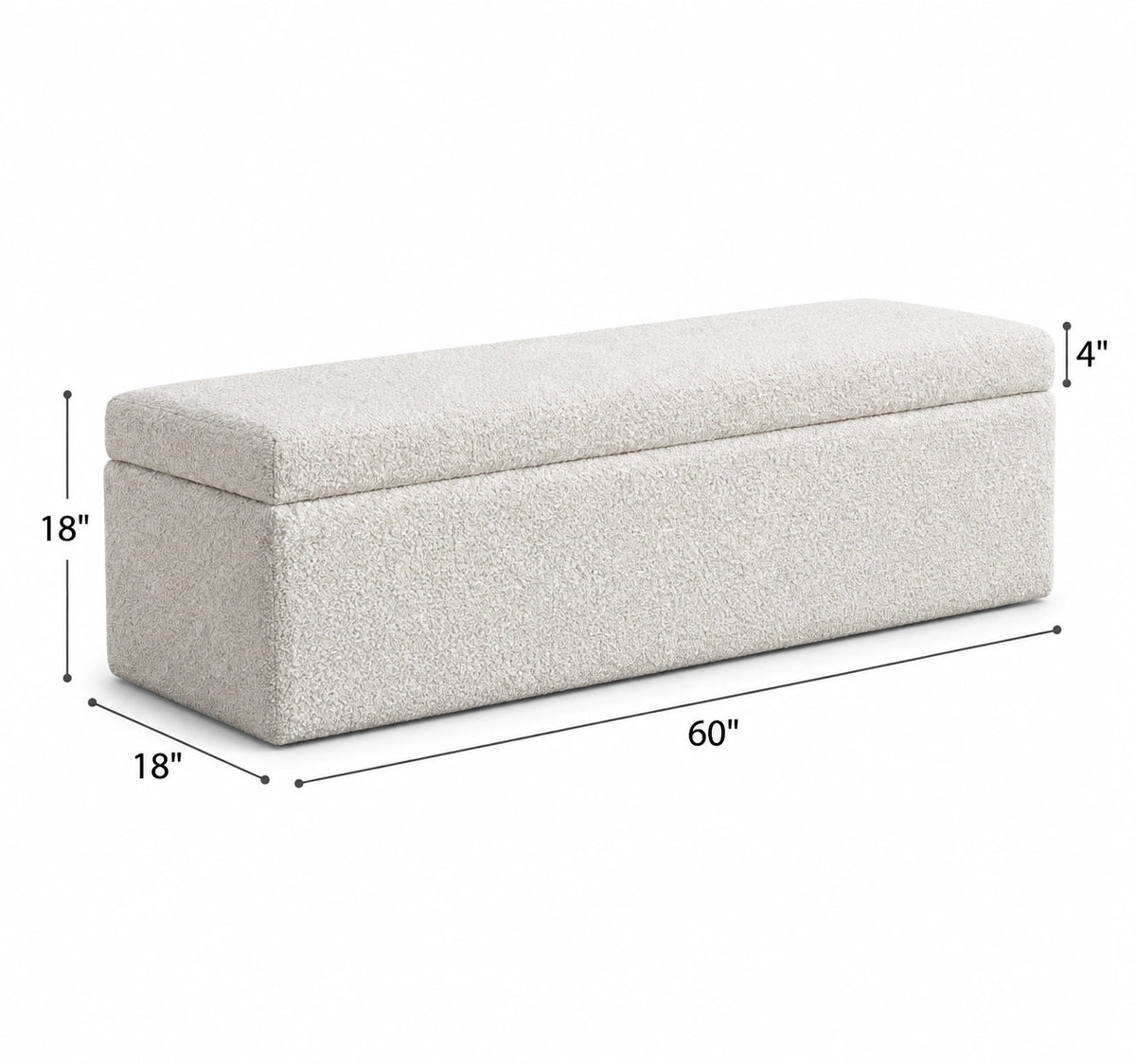 White storage ottoman bench showing 60 inch width and 18 inch depth and height