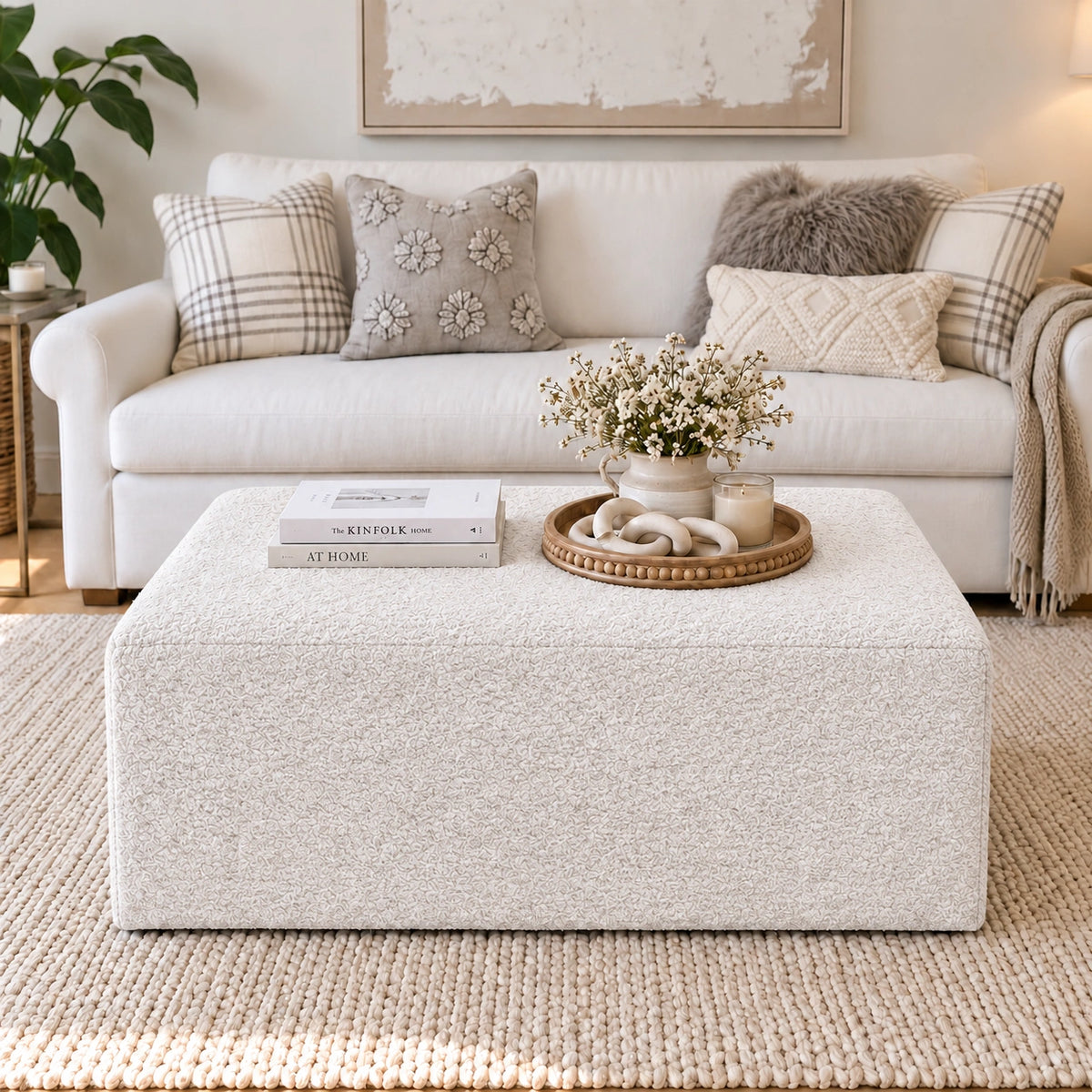 White storage ottoman in living room