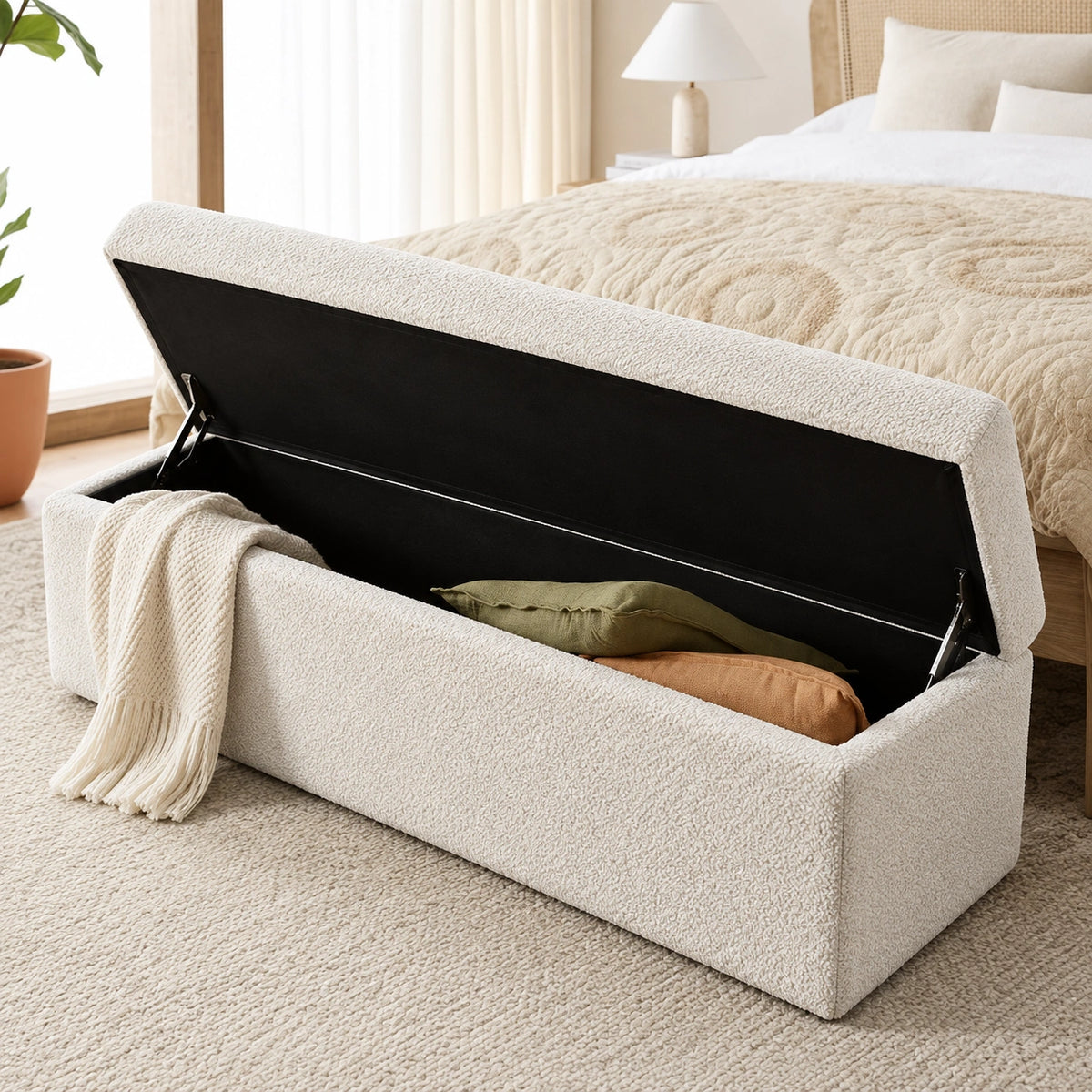 White storage ottoman bench with open storage compartment