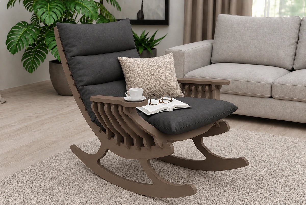 Wooden rocking chair with dark grey cushion and pillow